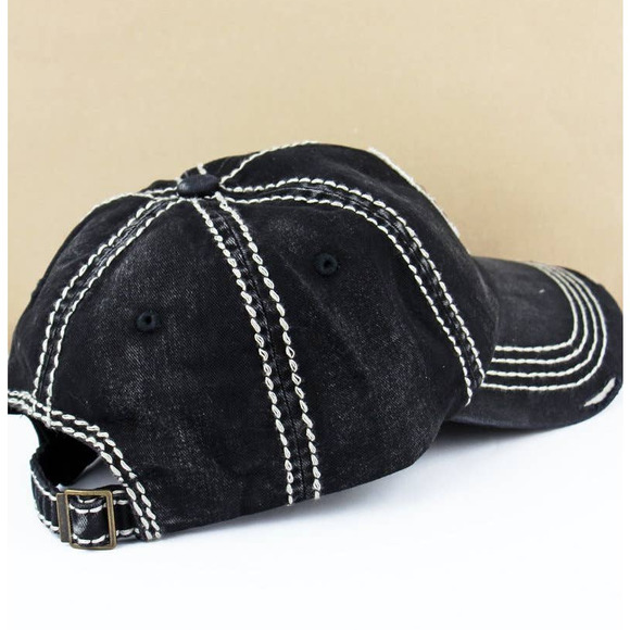 BLACK DISTRESSED FABRIC APPLIQUE AMERICAN SKULL CAP - Picture 2 of 4